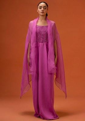 Rose Pink Hand Work Embellished Crepe Fusion Set