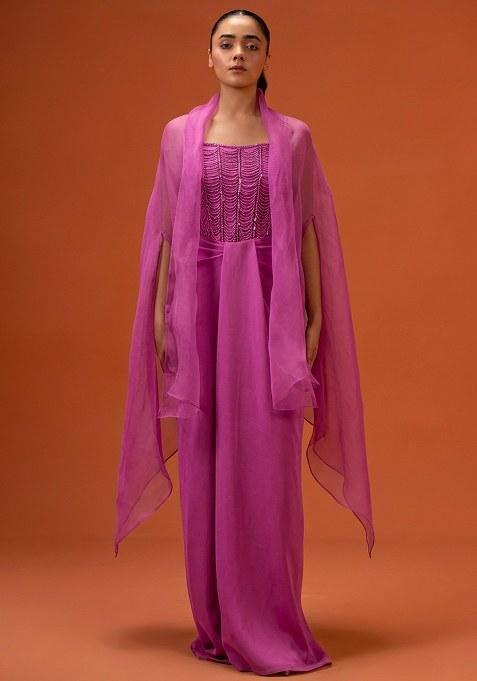 Rose Pink Hand Work Embellished Crepe Fusion Set