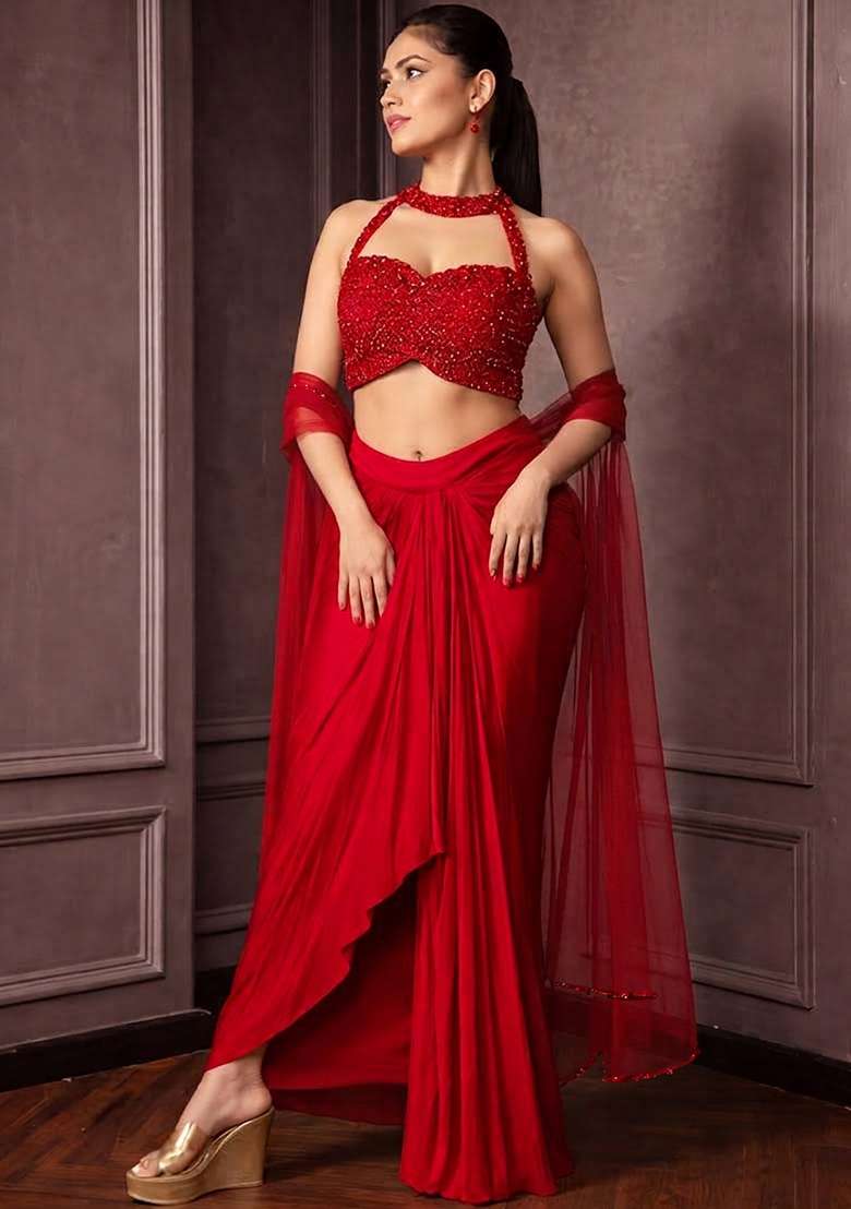 Deep Red Hand Work Embellished Crepe Fusion Set - Indya