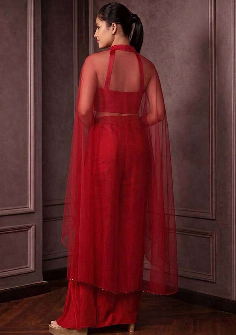 Deep Red Hand Work Embellished Crepe Fusion Set - Indya
