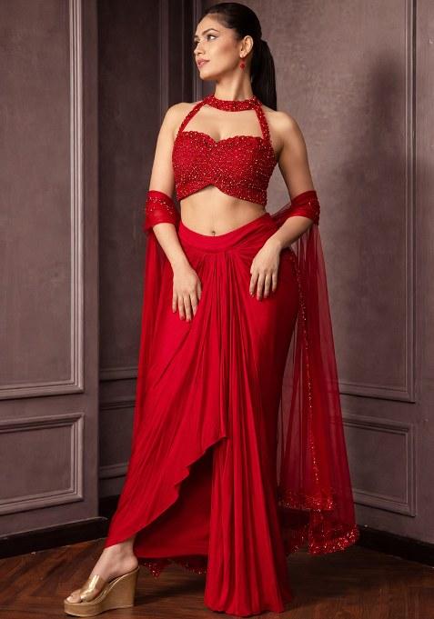 Deep Red Hand Work Embellished Crepe Fusion Set