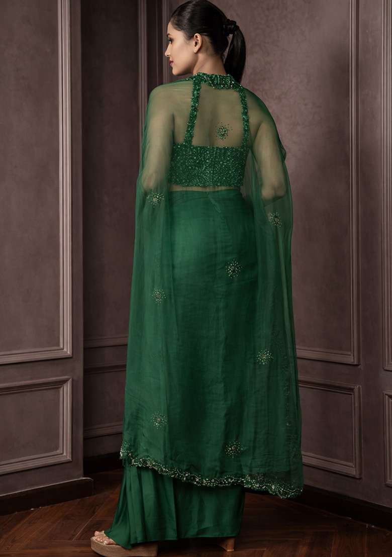 Dark Green Hand Work Embellished Crepe Fusion Set - Indya