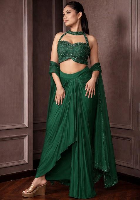 Dark Green Hand Work Embellished Crepe Fusion Set