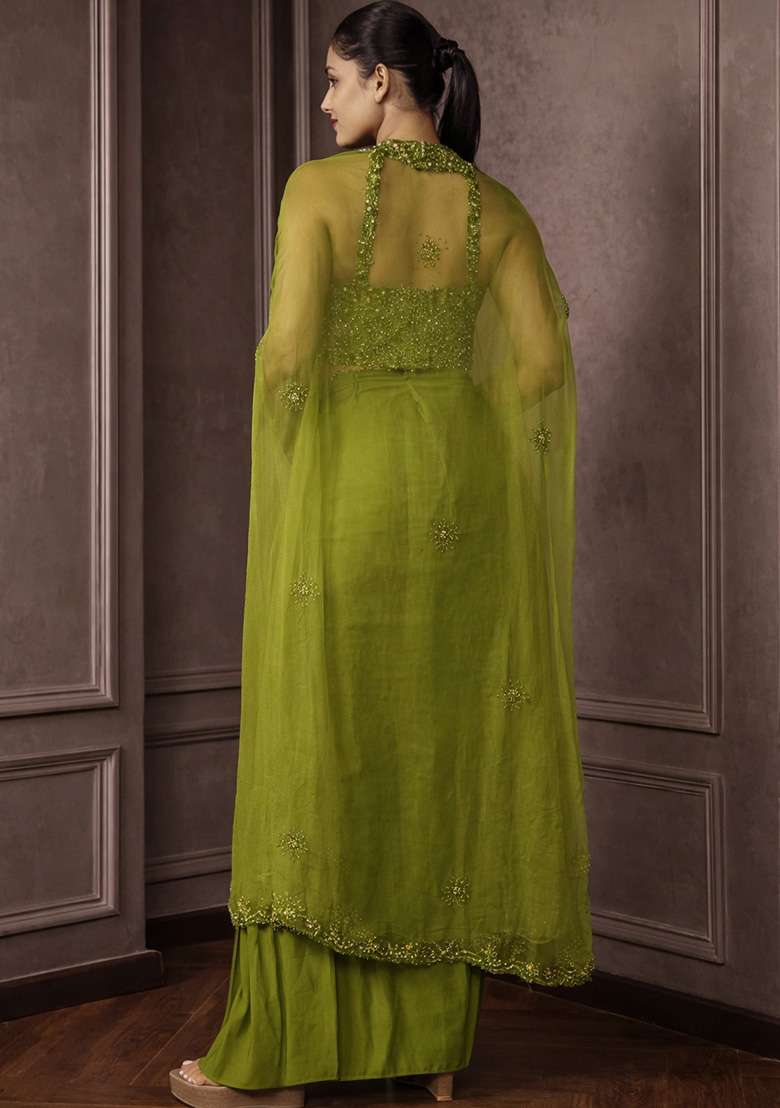 Olive Green Hand Work Embellished Crepe Fusion Set - Indya