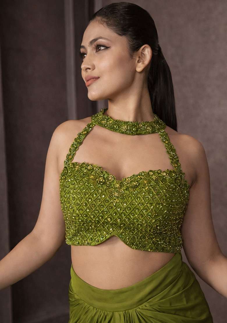 Olive Green Hand Work Embellished Crepe Fusion Set - Indya