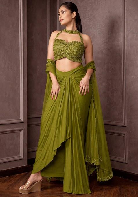 Olive Green Hand Work Embellished Crepe Fusion Set