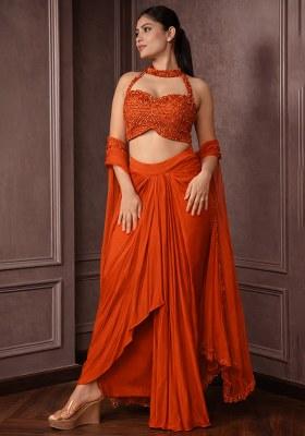 Orange Hand Work Embellished Crepe Fusion Set
