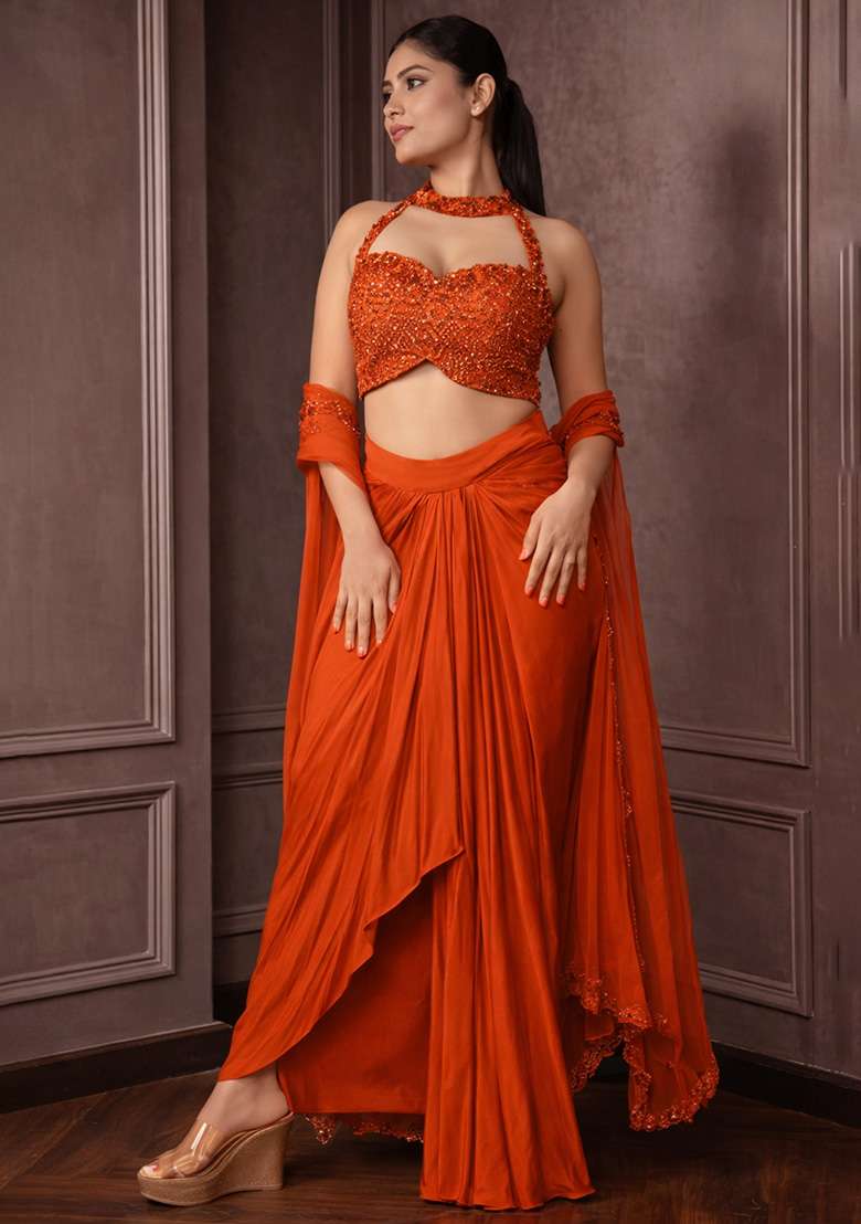 Orange Hand Work Embellished Crepe Fusion Set - Indya