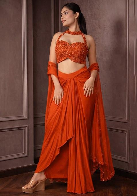 Orange Hand Work Embellished Crepe Fusion Set