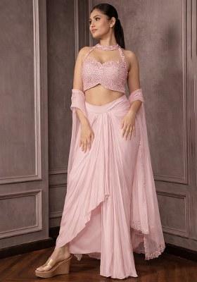 Rose Pink Hand Work Embellished Crepe Fusion Set