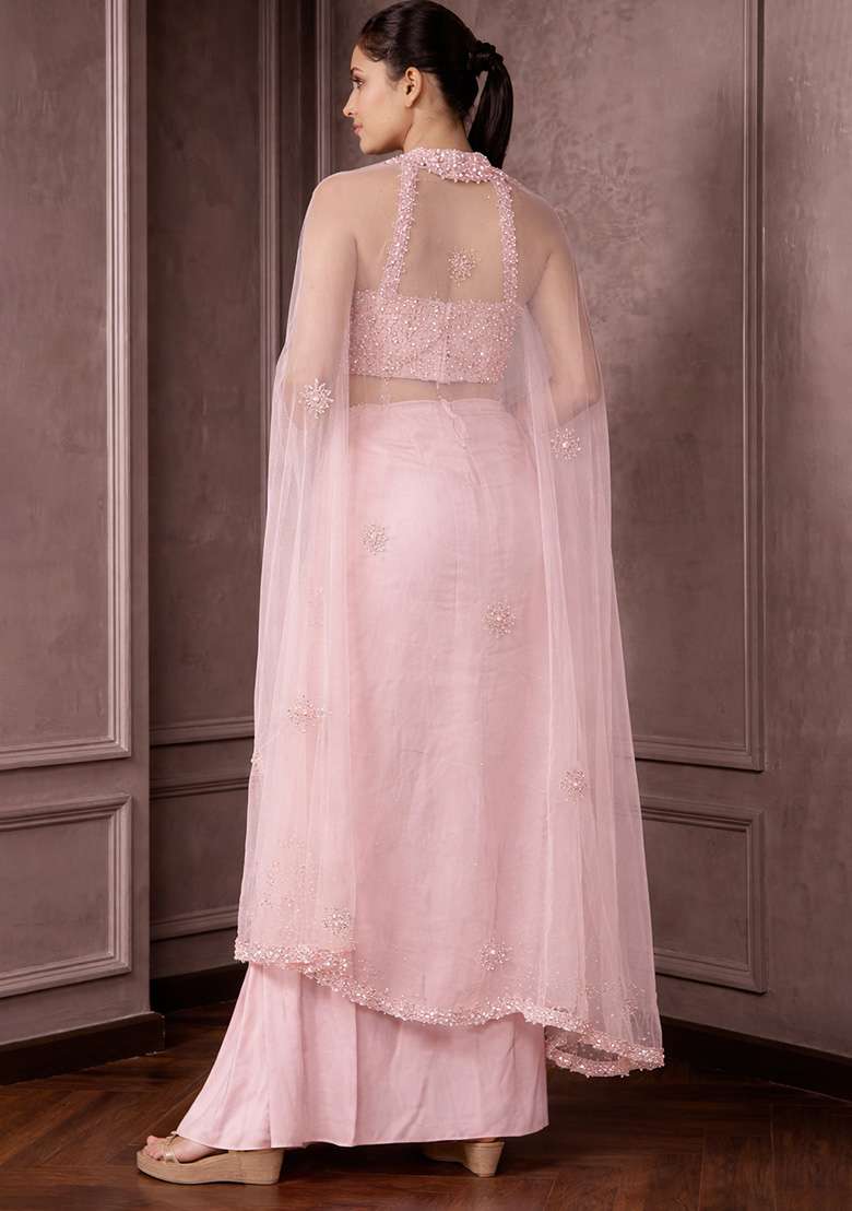 Rose Pink Hand Work Embellished Crepe Fusion Set - Indya