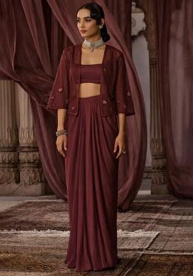 Chocolate Brown Hand Work Embroidered Satin Fusion Set