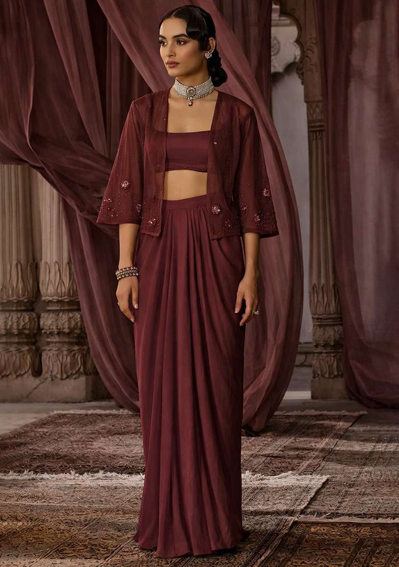 Chocolate Brown Hand Work Embroidered Satin Fusion Set - Indya