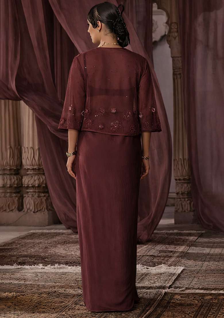 Chocolate Brown Hand Work Embroidered Satin Fusion Set - Indya