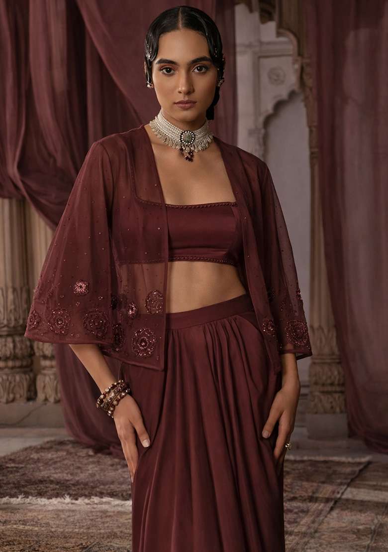 Chocolate Brown Hand Work Embroidered Satin Fusion Set - Indya