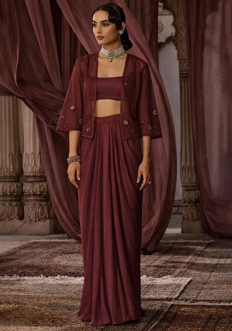 Chocolate Brown Hand Work Embroidered Satin Fusion Set