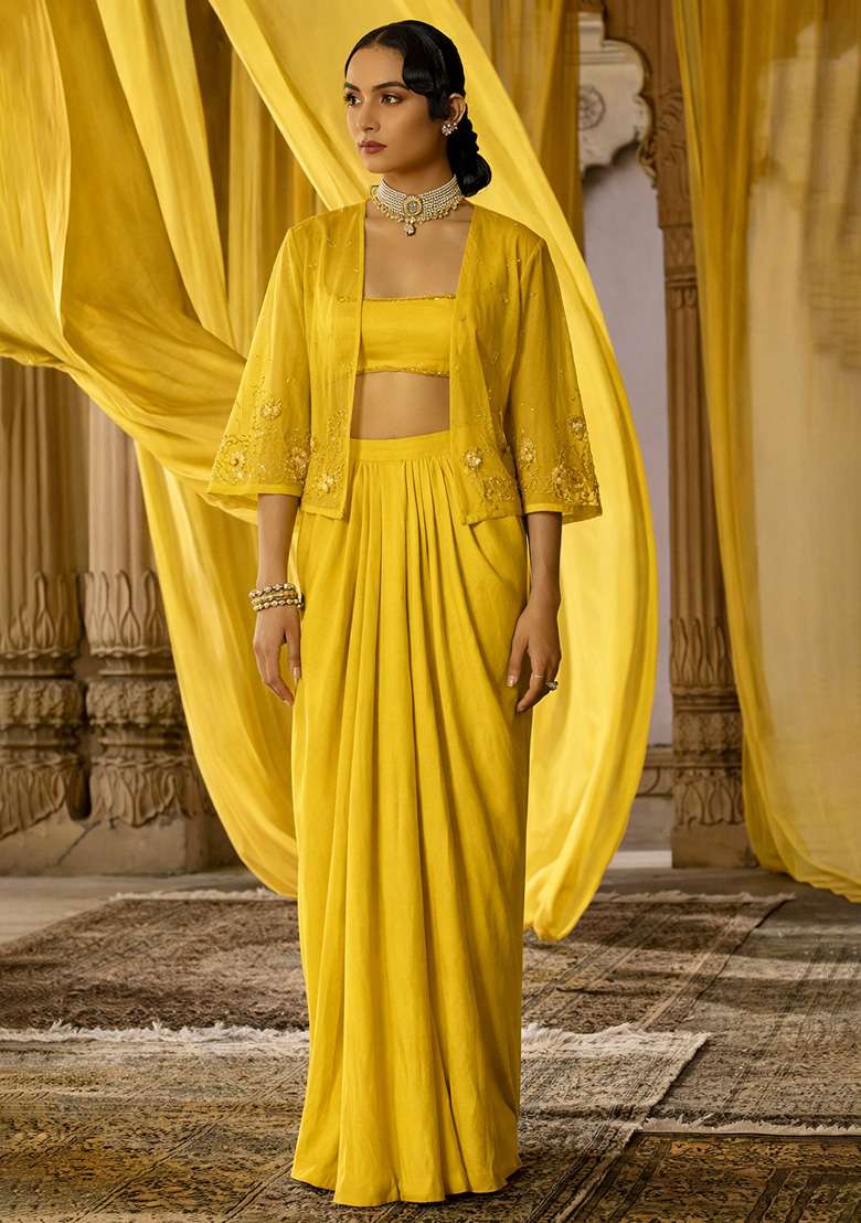 Mint Green Hand Work Embroidered Satin Fusion Set - Indya