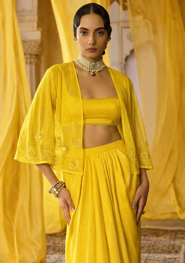 Mint Green Hand Work Embroidered Satin Fusion Set - Indya