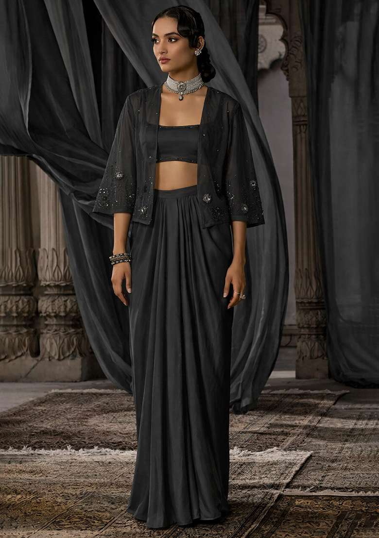 Ink Black Hand Work Embroidered Satin Fusion Set - Indya