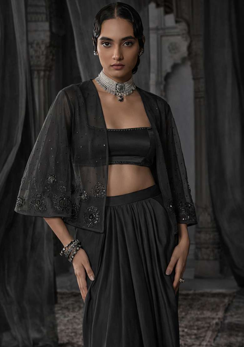 Ink Black Hand Work Embroidered Satin Fusion Set - Indya