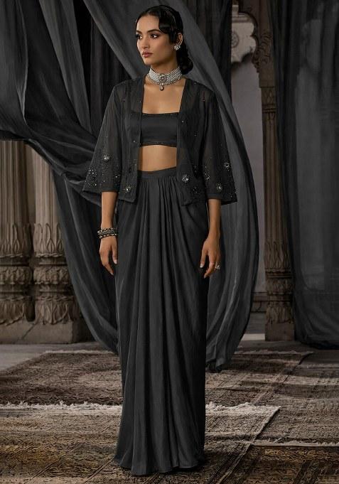 Ink Black Hand Work Embroidered Satin Fusion Set