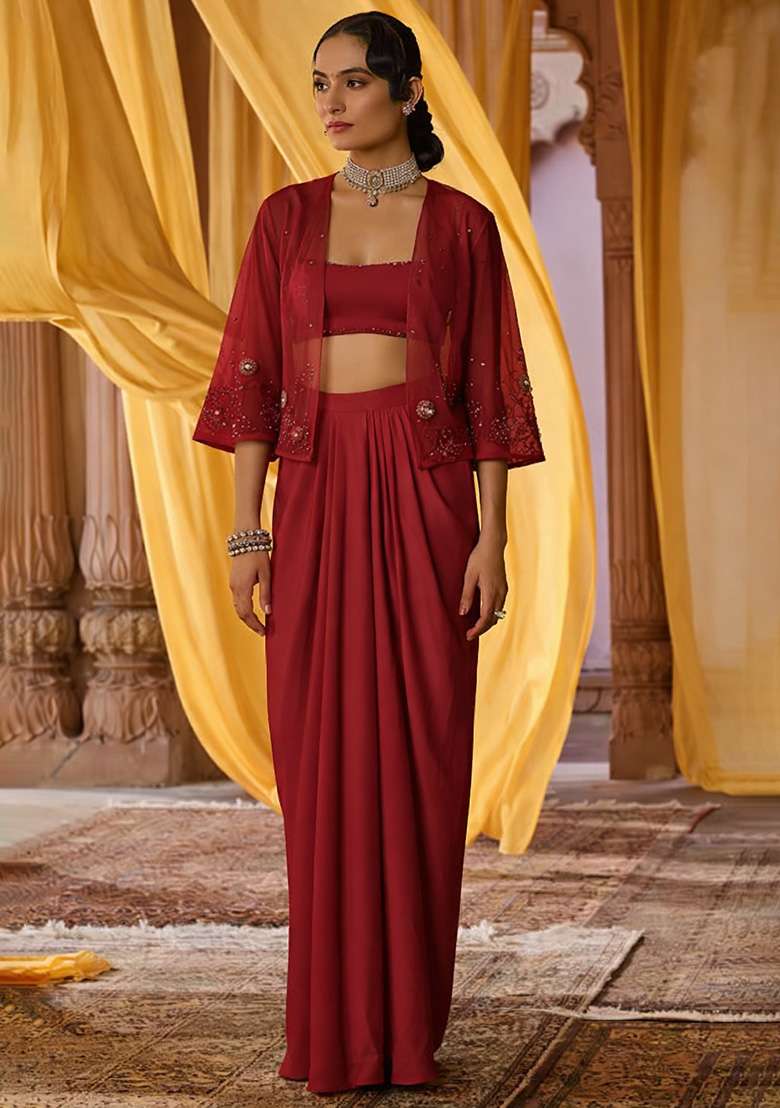 Deep Red Hand Work Embroidered Satin Fusion Set - Indya