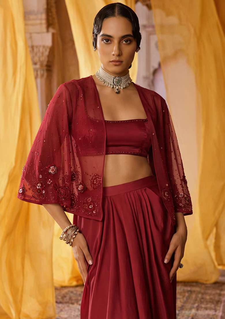 Deep Red Hand Work Embroidered Satin Fusion Set - Indya