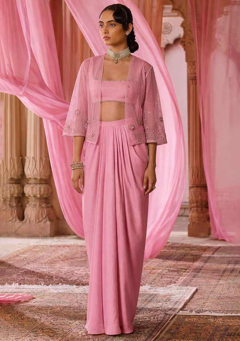 Rose Pink Hand Work Embroidered Satin Fusion Set - Indya