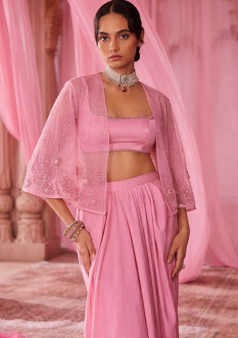 Rose Pink Hand Work Embroidered Satin Fusion Set - Indya