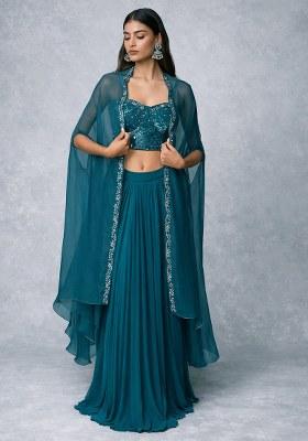 Deep Blue Hand Work Embroidered Georgette Fusion Set