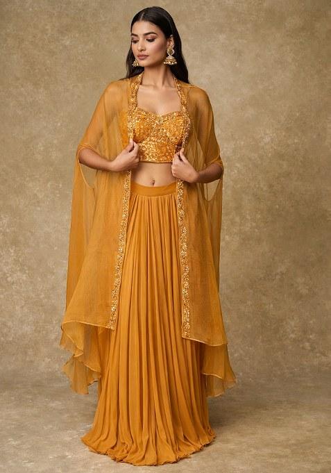Bright Yellow Hand Work Embroidered Georgette Fusion Set