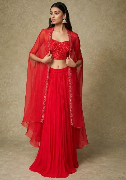 Hot Pink Hand Work Embroidered Georgette Fusion Set