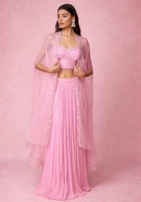 Baby Pink Hand Work Embroidered Georgette Fusion Set