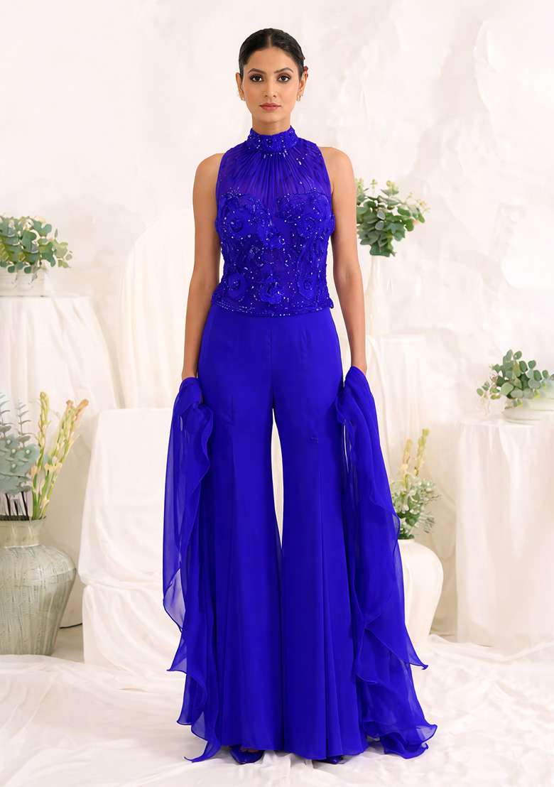 Deep Blue Hand Work Sequin Crepe Fusion Set - Indya