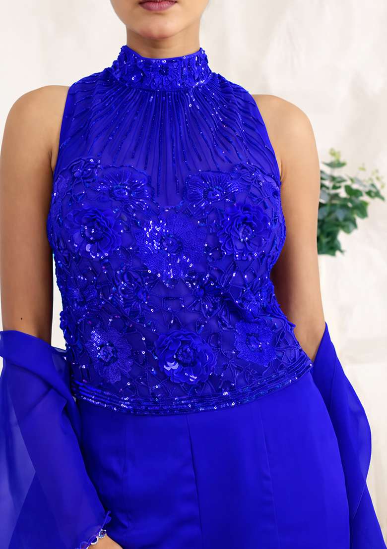 Deep Blue Hand Work Sequin Crepe Fusion Set - Indya