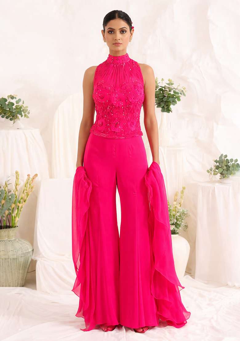 Soft Pink Hand Work Sequin Crepe Fusion Set - Indya
