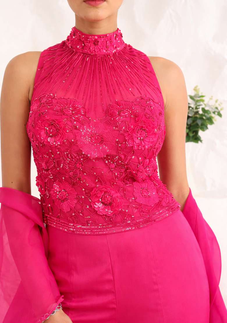 Soft Pink Hand Work Sequin Crepe Fusion Set - Indya