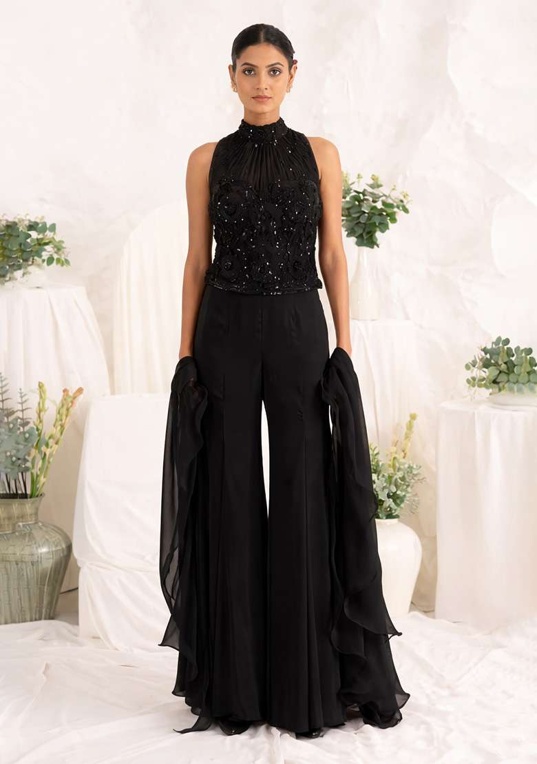 Deep Purple Hand Work Sequin Crepe Fusion Set - Indya