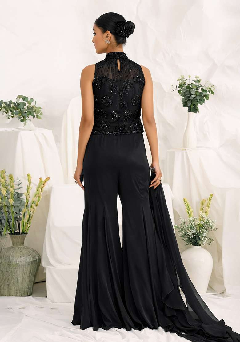 Deep Purple Hand Work Sequin Crepe Fusion Set - Indya