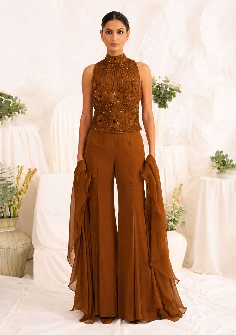 Brown Hand Work Sequin Crepe Fusion Set - Indya