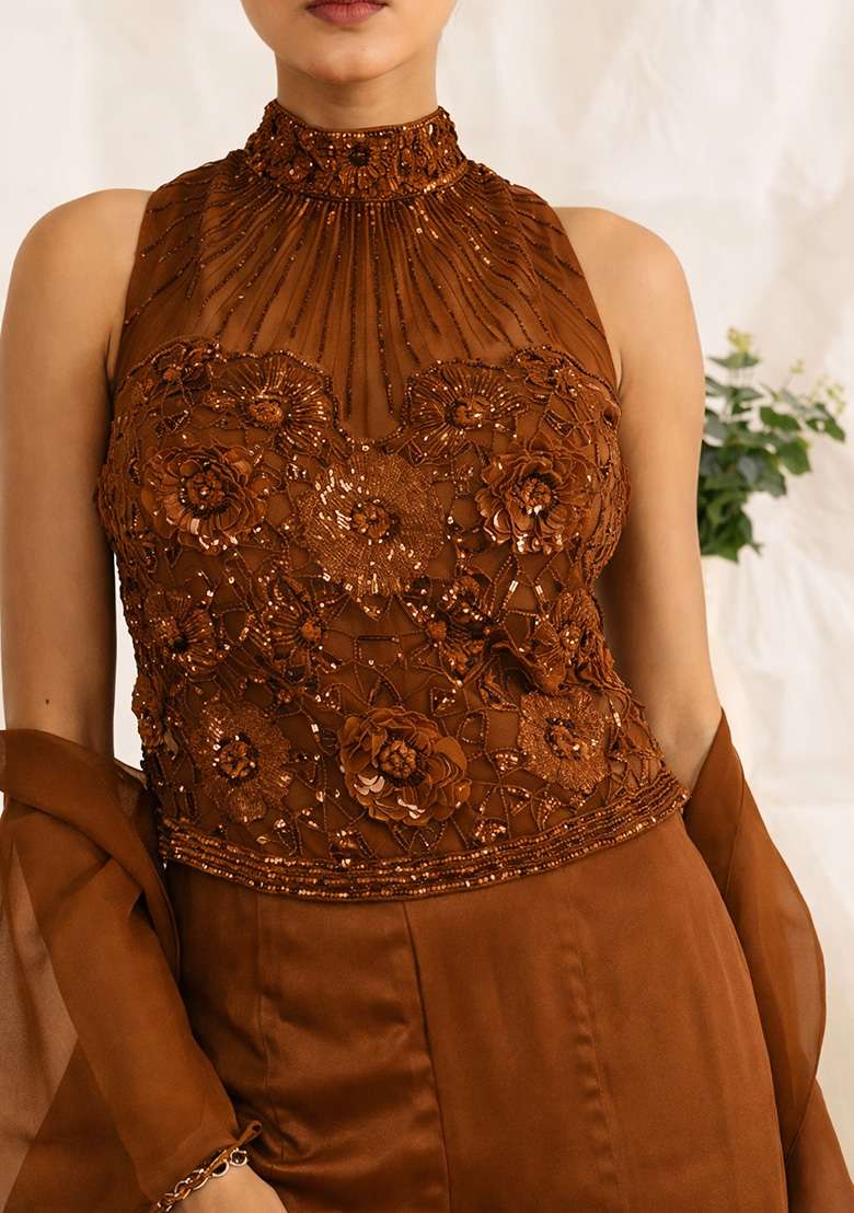 Brown Hand Work Sequin Crepe Fusion Set - Indya