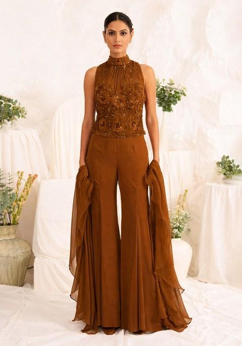 Brown Hand Work Sequin Crepe Fusion Set