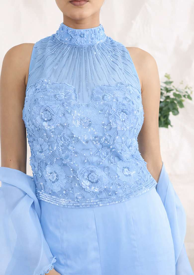 Sky Blue Hand Work Sequin Crepe Fusion Set - Indya