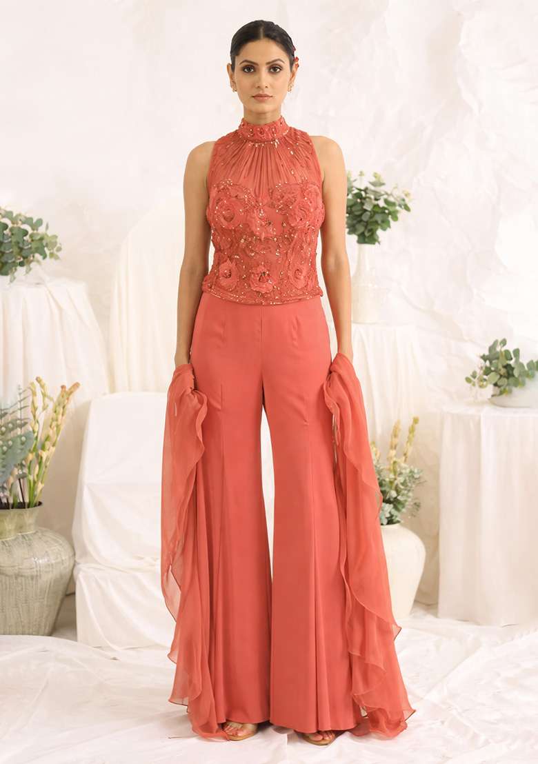Burnt Orange Hand Work Sequin Crepe Fusion Set - Indya