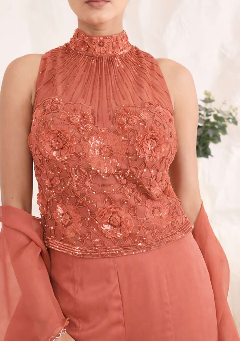 Burnt Orange Hand Work Sequin Crepe Fusion Set - Indya