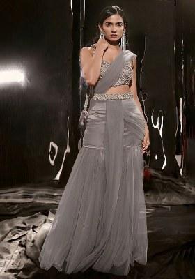 Grey Hand Work Sequin Satin Fusion Set