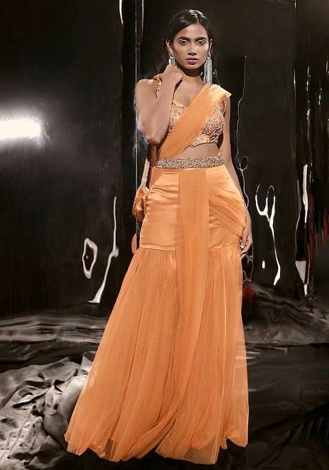 Soft Orange Hand Work Sequin Satin Fusion Set