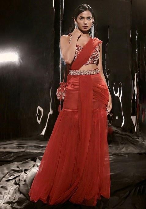 Deep Red Hand Work Sequin Satin Fusion Set