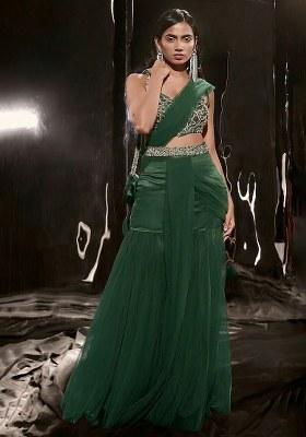 Emerald Green Hand Work Sequin Satin Fusion Set