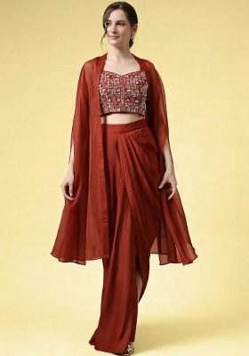 Brick Red Hand Work Embellished Crepe Fusion Set